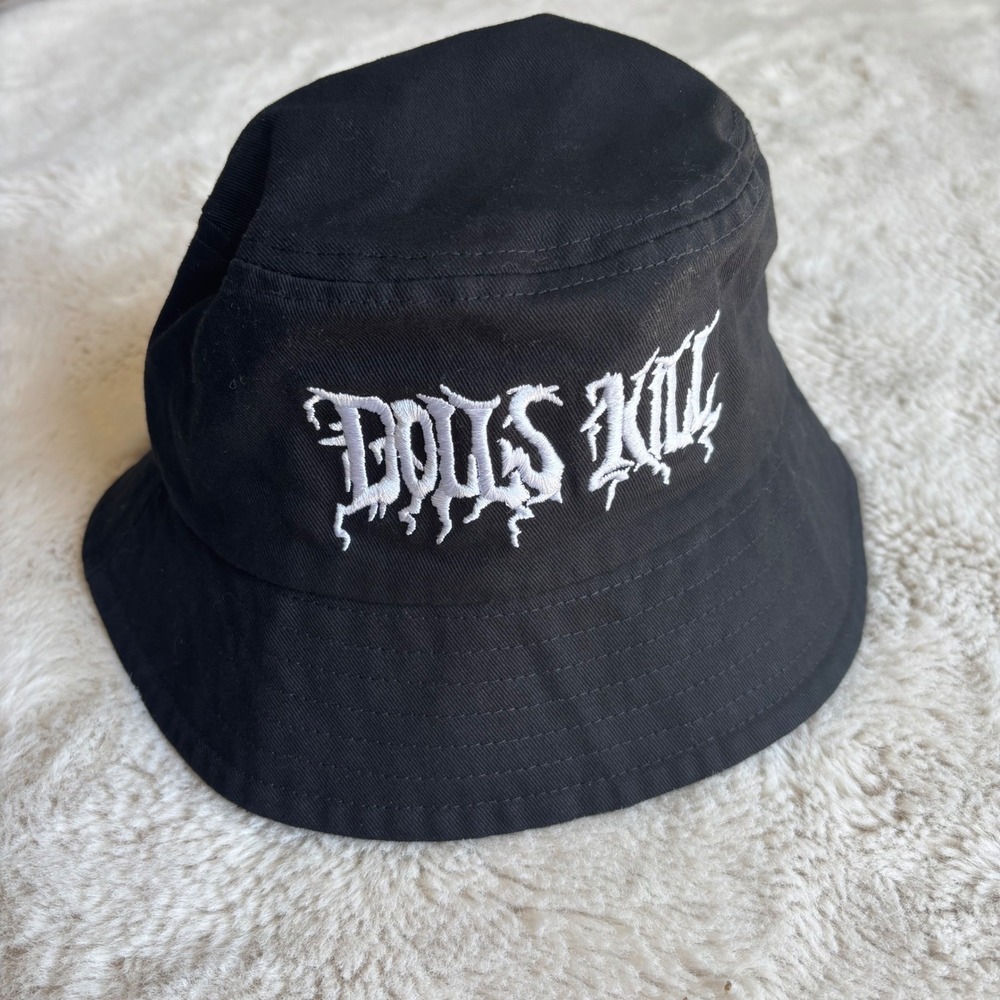 Dolls Kill Bucket Hat Womens OS Black Gothic Embroidered Logo Streetwear